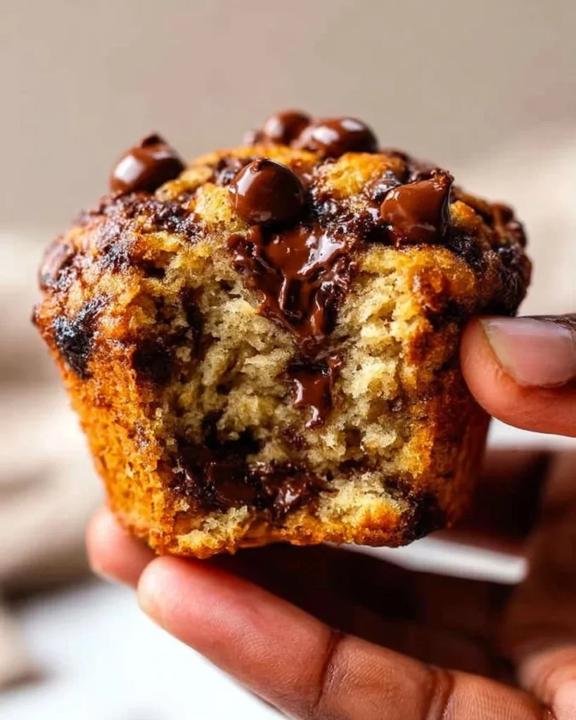 Freshly baked Banana Chocolate Chip Muffins on a wooden table