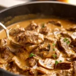 Delicious Beef Stroganoff served with noodles and garnished with parsley