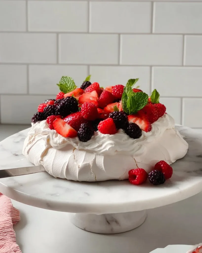 A beautiful Berry Pavlova topped with fresh strawberries, blueberries, and whipped cream.
