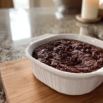 Delicious brownie baked oatmeal served in a bowl with chocolate chips on top.