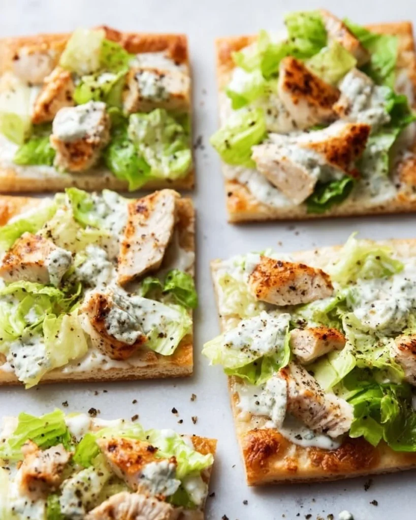 Delicious Chicken Caesar Flatbread with fresh ingredients and dressing