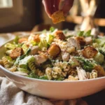 Delicious Chicken Caesar Pasta Salad topped with parmesan and croutons.