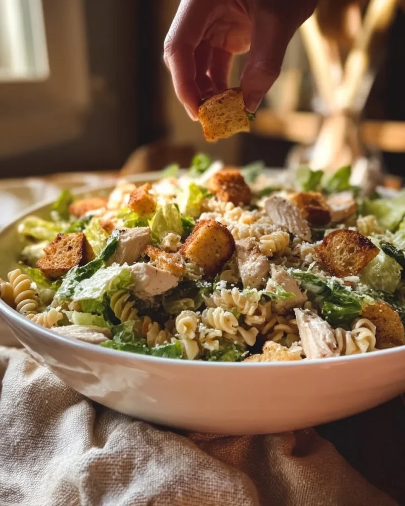 Chicken Caesar Pasta Salad 2 Delicious Chicken Caesar Pasta Salad topped with parmesan and croutons.