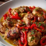 Delicious Chicken Scarpariello with tender chicken and colorful peppers.