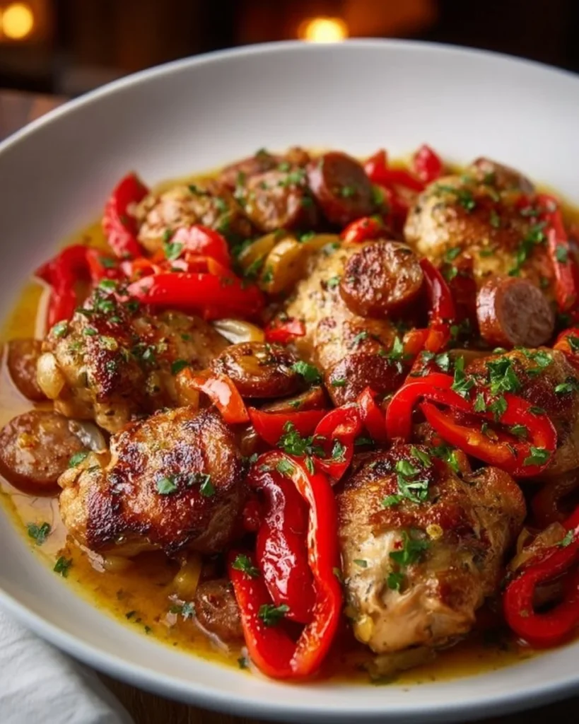 Delicious Chicken Scarpariello with tender chicken and colorful peppers.