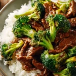 Delicious plate of Chinese Beef and Broccoli stir-fry served with rice