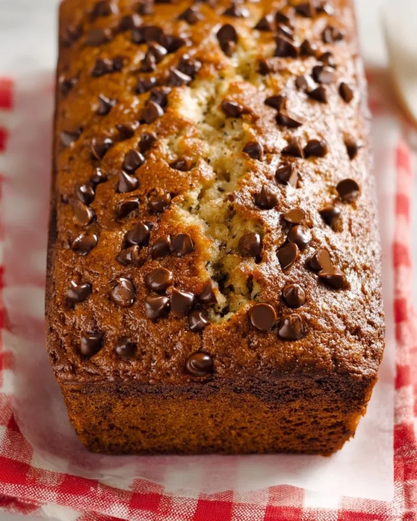 Freshly baked chocolate chip banana bread sliced on a wooden board