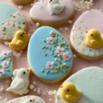 Colorful and decorative Easter cookies on a festive table.