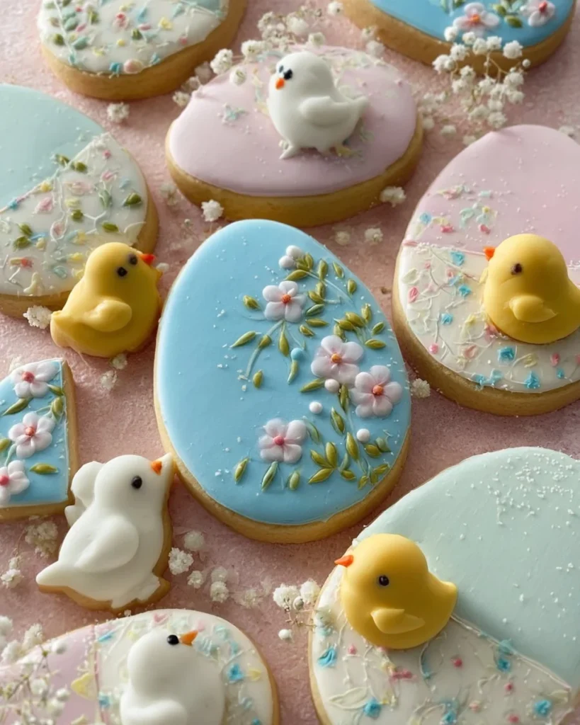 Colorful and decorative Easter cookies on a festive table.