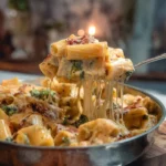 Delicious creamy pasta dish garnished with herbs and cheese