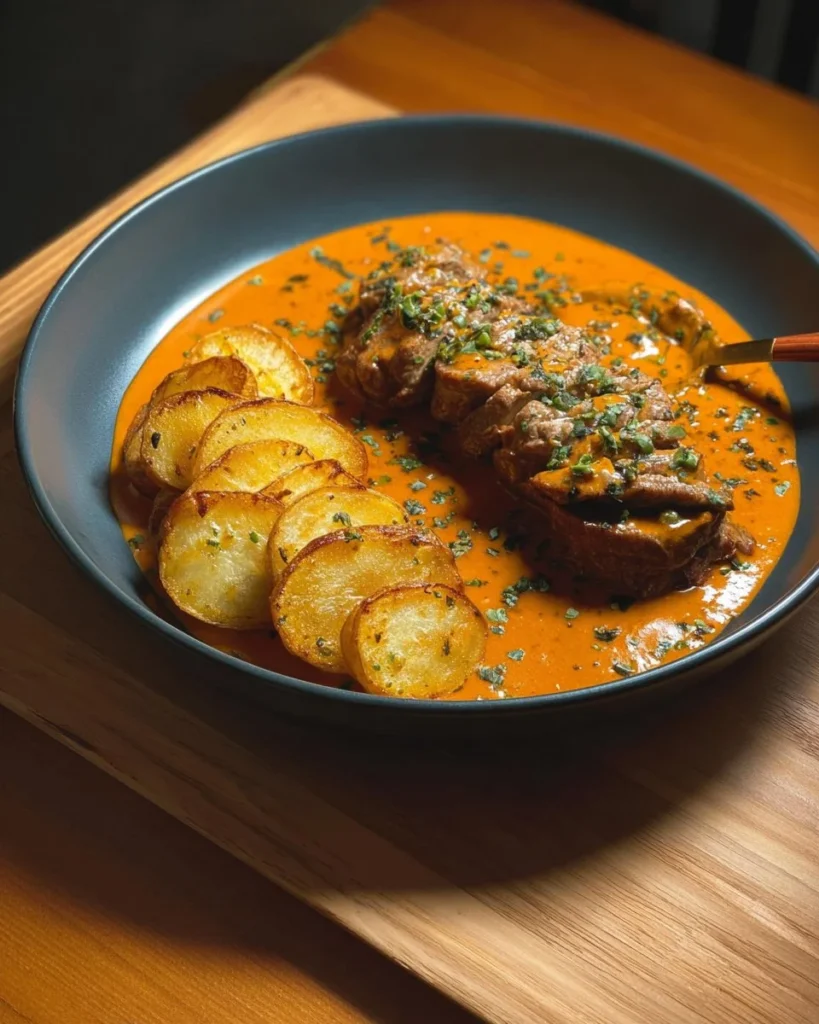 Creamy tomato chicken breast dish garnished with fresh herbs