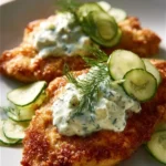 Crispy dill pickle parmesan chicken on a white plate garnished with herbs