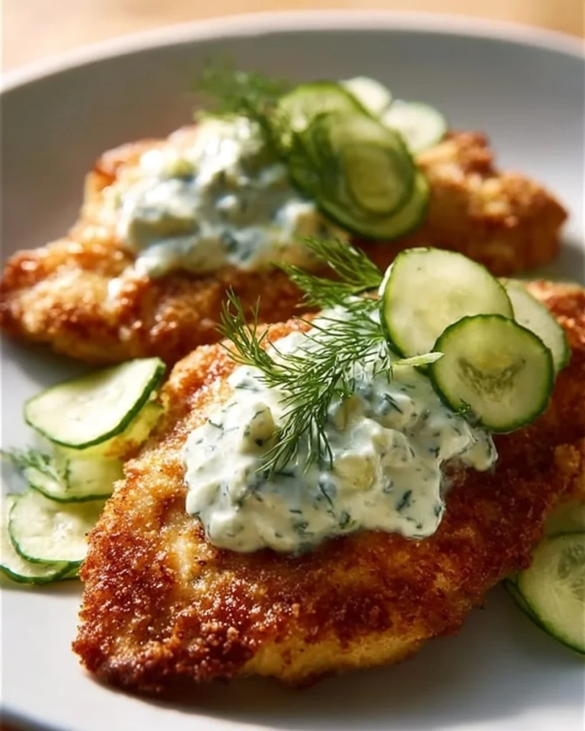 Crispy dill pickle parmesan chicken on a white plate garnished with herbs
