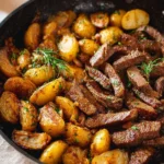 Cast iron skillet with perfectly cooked steak and potatoes