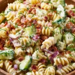 Delicious Dill Pickle Bacon Pasta Salad in a bowl with fresh ingredients