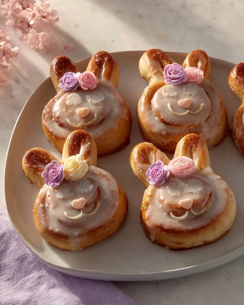 Easter Bunny Cinnamon Rolls decorated for a festive holiday brunch
