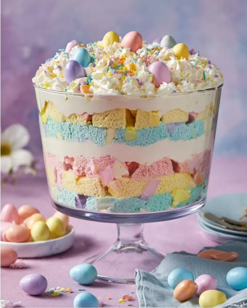 Delicious Easter Trifle with layers of cake, fruit, and cream.