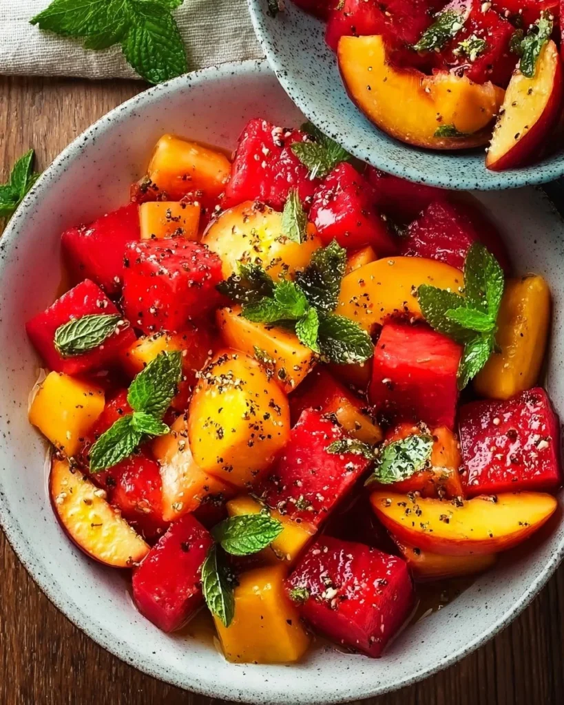 Delicious easy summer peach watermelon salad with vibrant colors