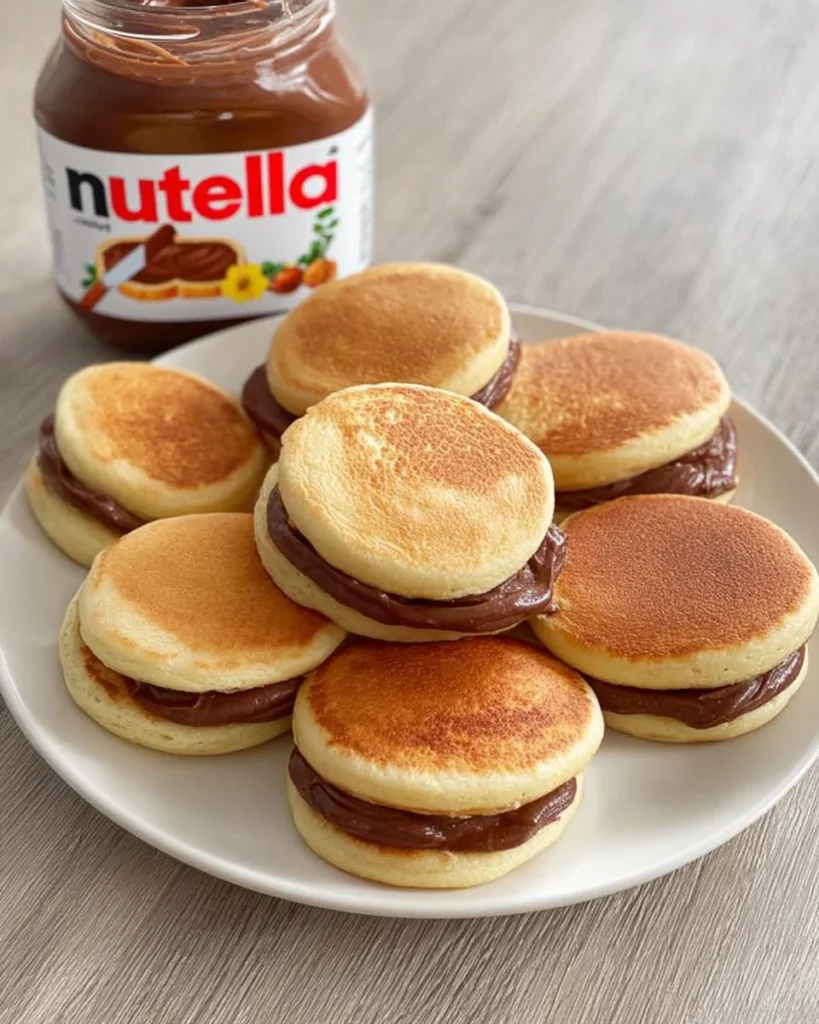 Nutella pancake sandwiches featuring fluffy mini pancakes filled with Nutella