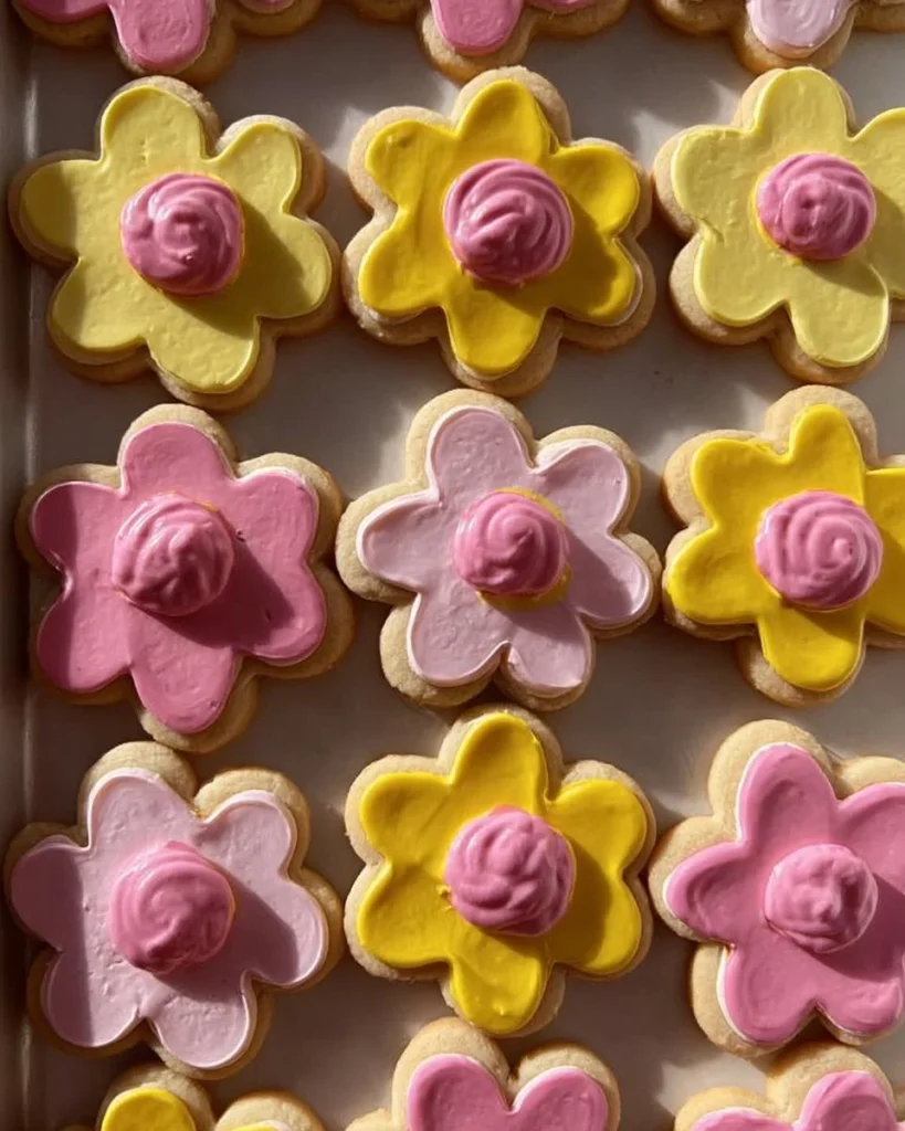 Delicious flower sugar cookies decorated with colorful icing.