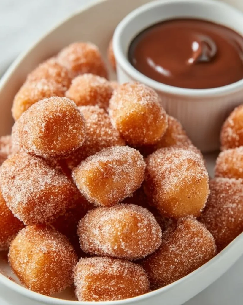 Fluffy air fryer churro bites dusted with cinnamon sugar on a plate.