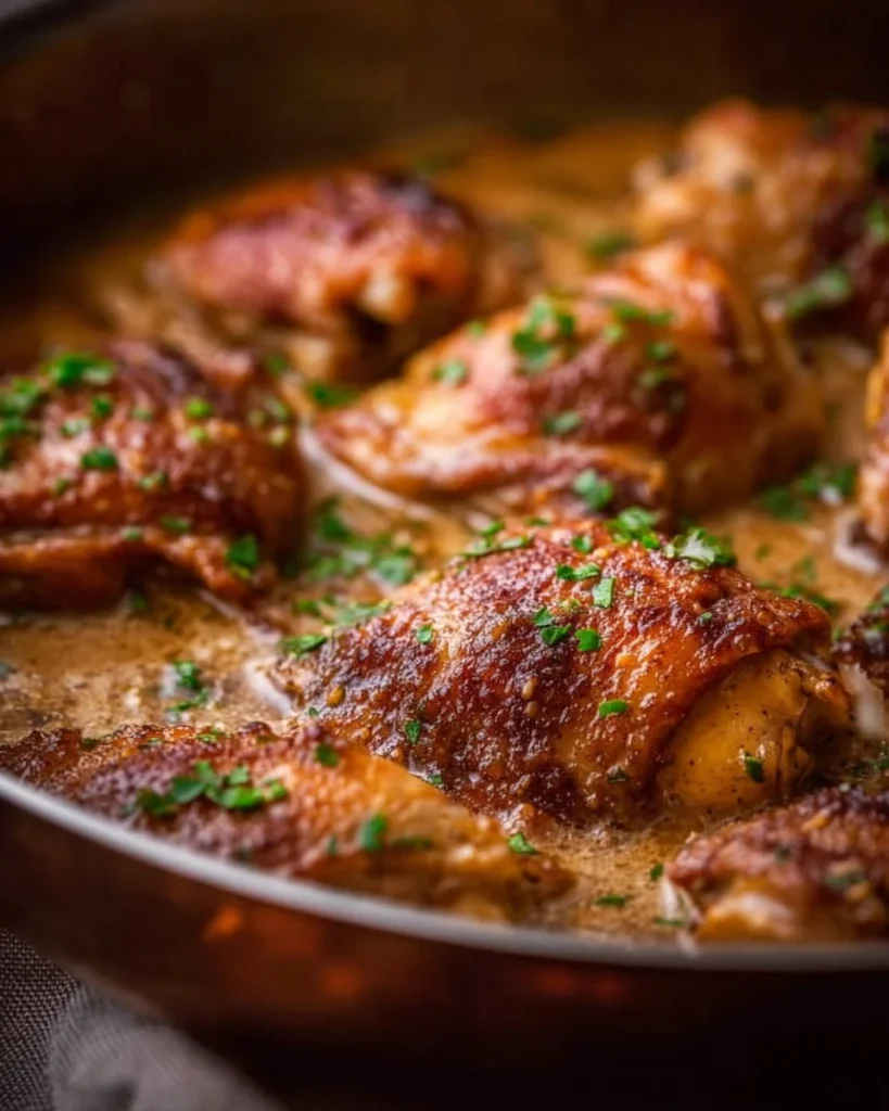 Delicious French Mustard Chicken recipe served on a plate with herbs