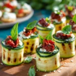 Grilled zucchini rollups with lemon-basil ricotta and slow roasted tomatoes