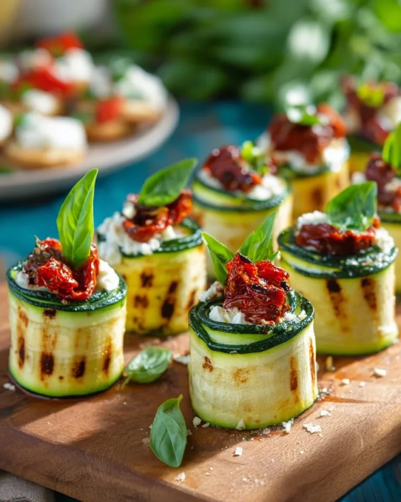 Grilled zucchini rollups with lemon-basil ricotta and slow roasted tomatoes