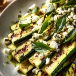 Grilled zucchini with goat cheese, basil, and honey on a serving plate