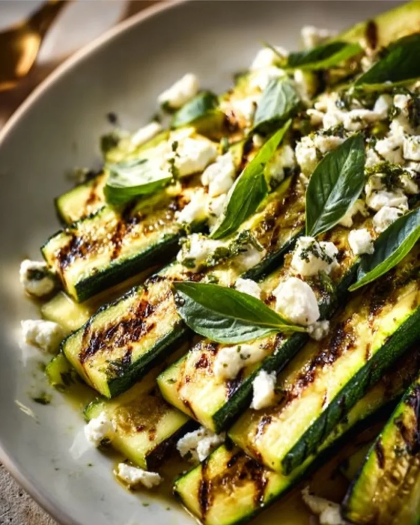 Grilled zucchini with goat cheese, basil, and honey on a serving plate
