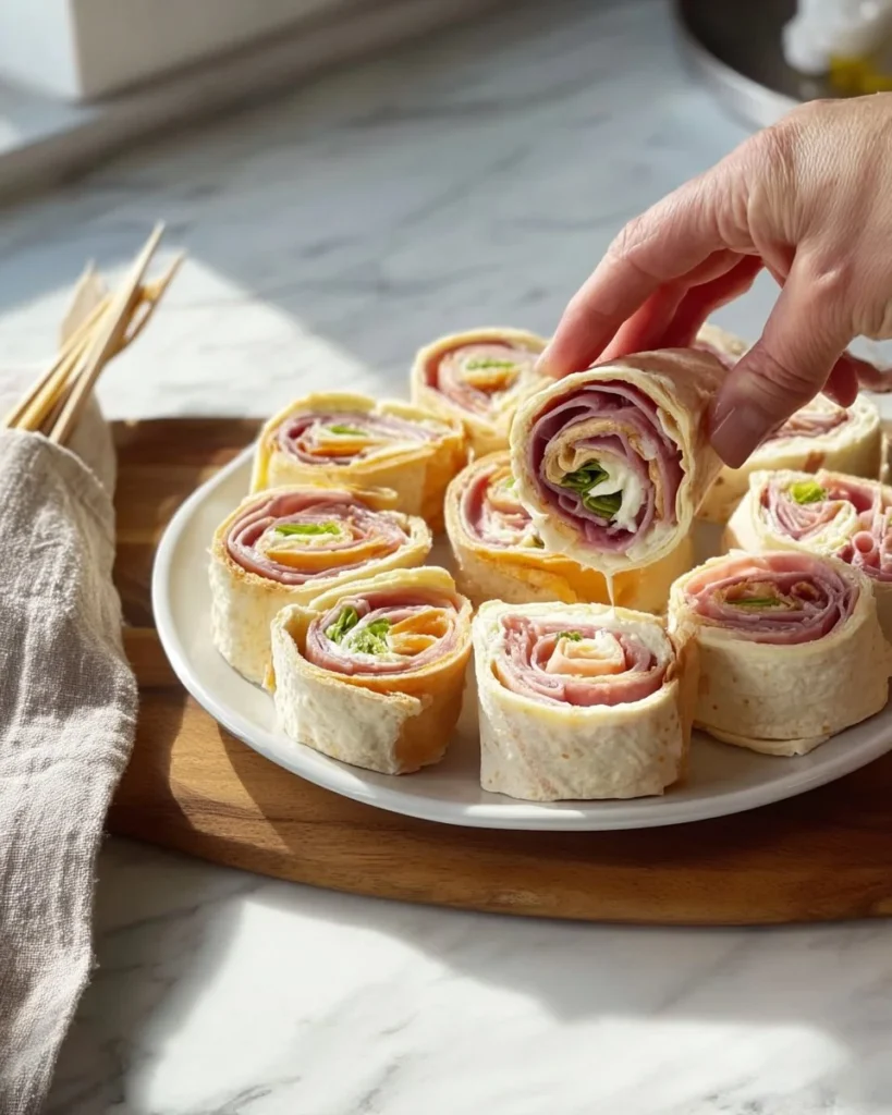 Ham and cheese pinwheels appetizer on a platter