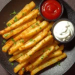 Kid-friendly French fry snacks served with dipping sauces