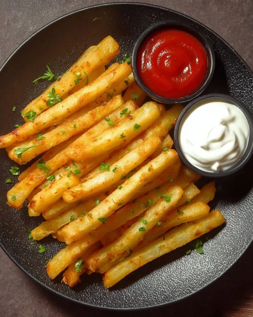 Kid-friendly French fry snacks served with dipping sauces