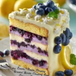 Lemon blueberry cheesecake slice topped with fresh blueberries and lemon zest.