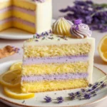 A beautifully decorated Lemon Lavender Cake topped with lavender flowers and lemon slices.