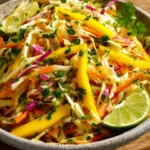 Bowl of vibrant mango slaw with colorful vegetables and dressing