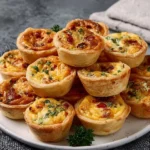Baked mini quiches served on a platter with fresh herbs and vegetables