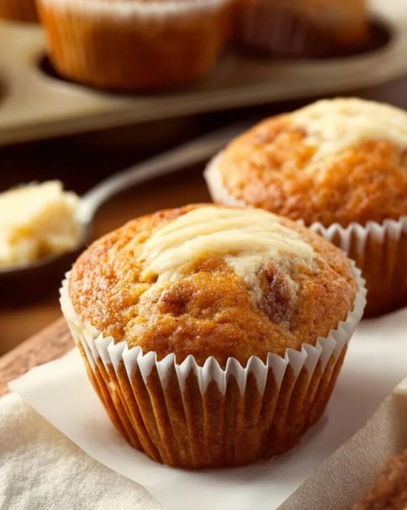 Moist banana cream cheese muffins fresh out of the oven.