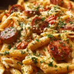 One-Pot Creamy Spicy Cajun Sausage Pasta served in a bowl with fresh herbs