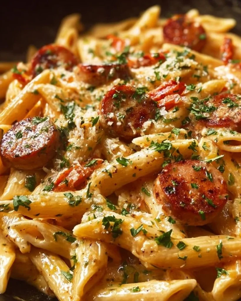One-Pot Creamy Spicy Cajun Sausage Pasta served in a bowl with fresh herbs