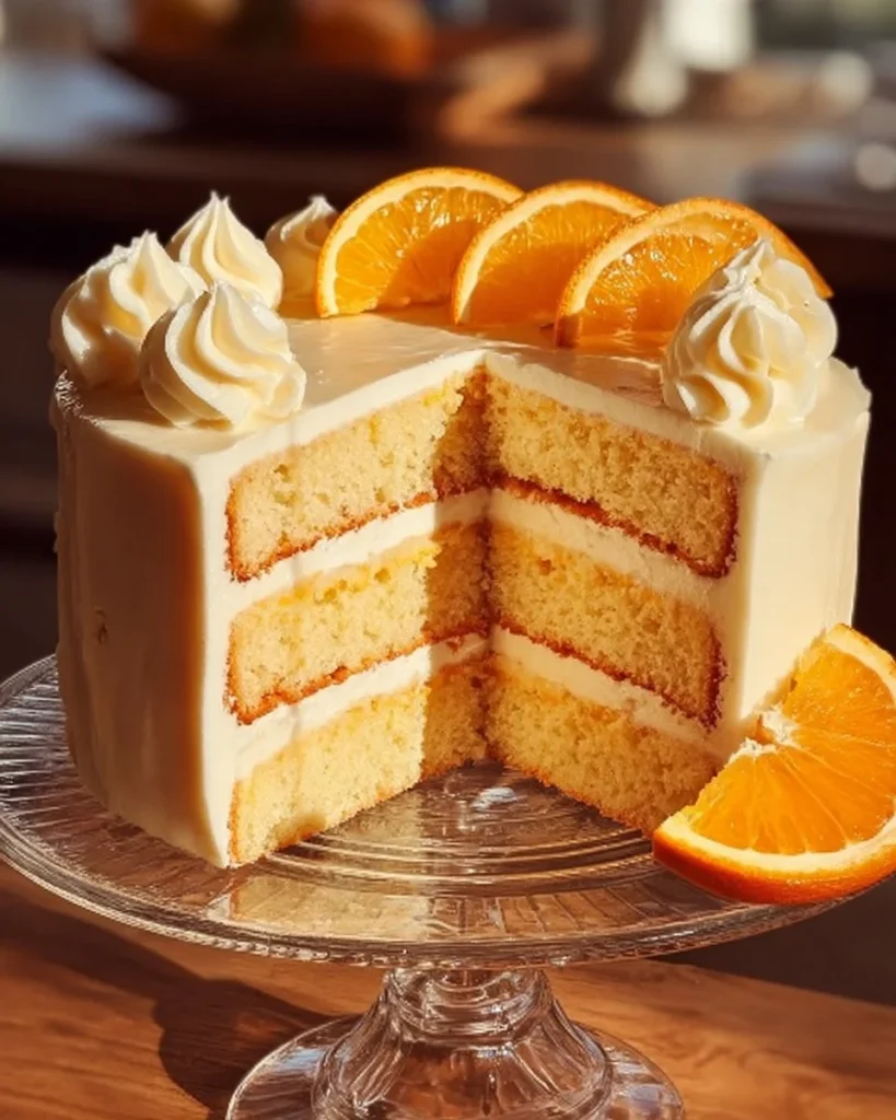 Delicious Orange Creamsicle Cake with vibrant orange frosting and cream filling