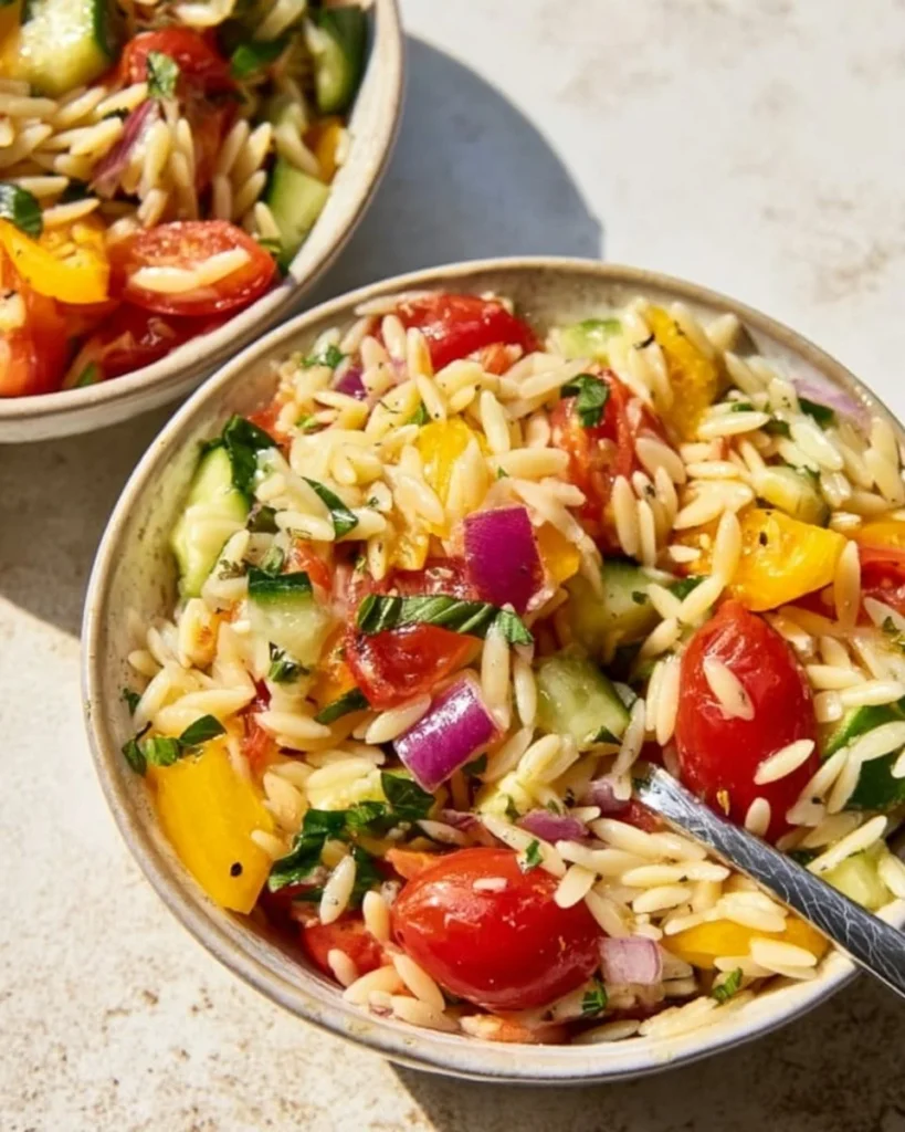 A colorful orzo salad with vegetables and herbs in a bowl.