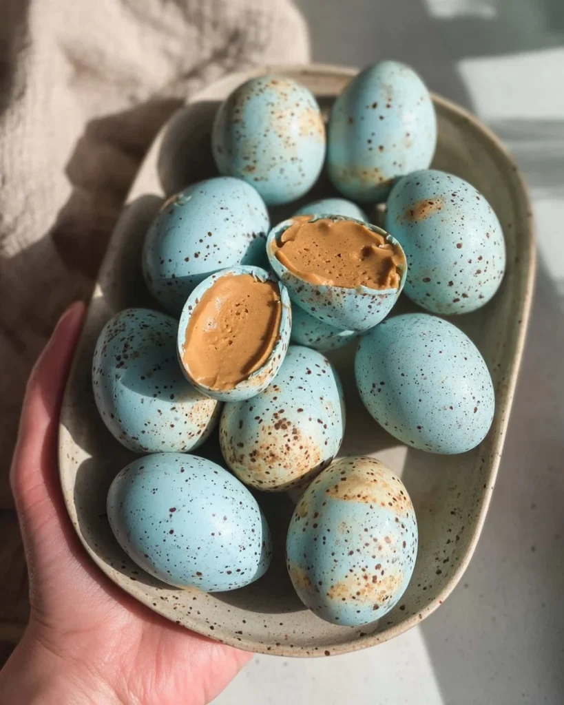 Homemade peanut butter Easter eggs on a decorative plate