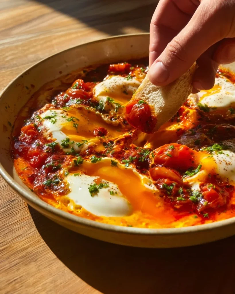 Poached eggs served with roasted tomatoes and hummus on a plate