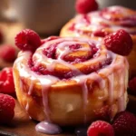 Delicious raspberry cinnamon rolls drizzled with lemon glaze on a white plate.