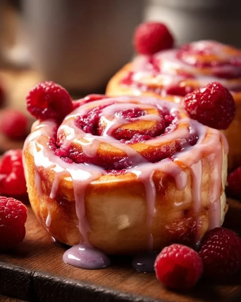 Delicious raspberry cinnamon rolls drizzled with lemon glaze on a white plate.