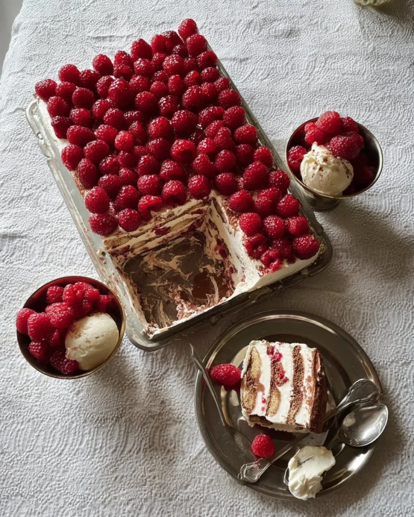 Delicious raspberry tiramisu dessert with fresh raspberries and coffee layers