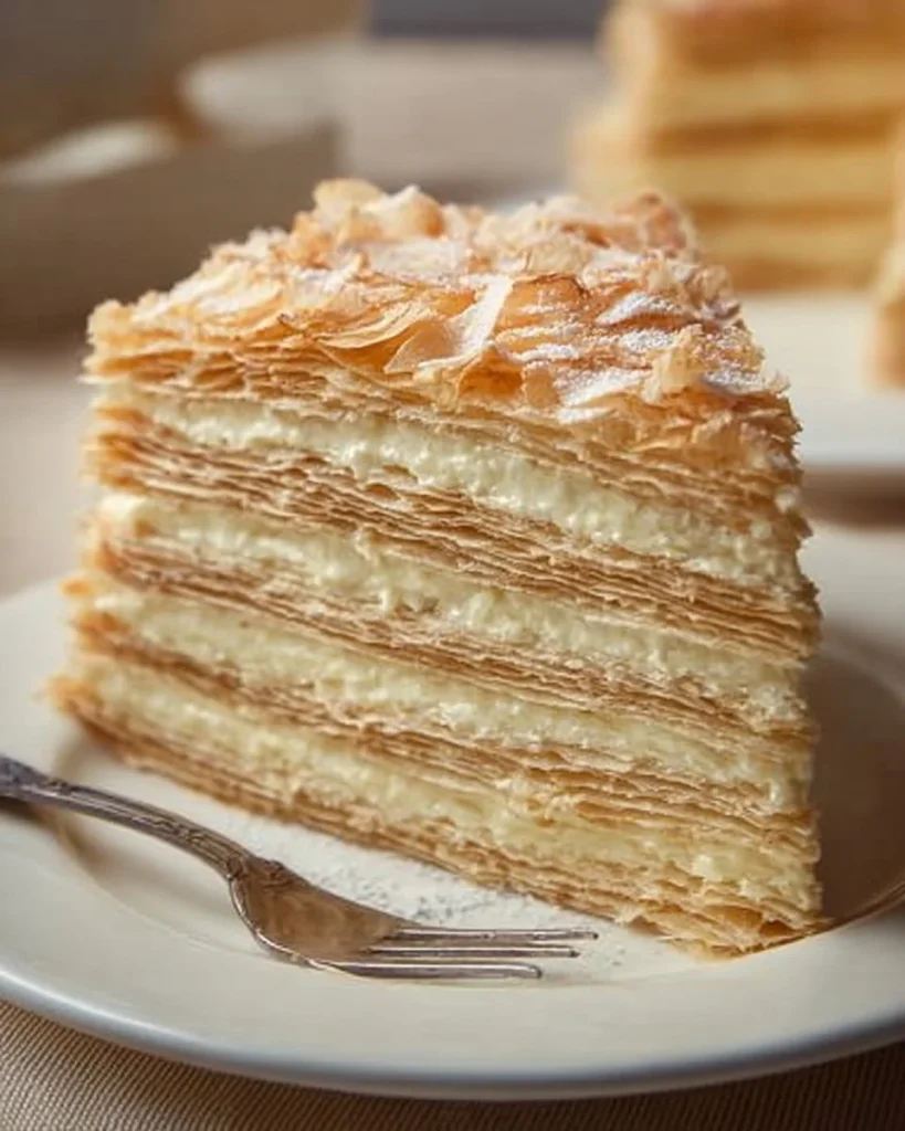 Delicious Russian Napoleon Cake with layers of flaky pastry and creamy filling