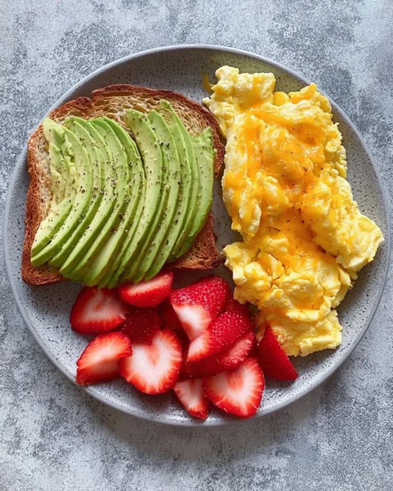Scrambled Eggs with Strawberries and Avocado Toast