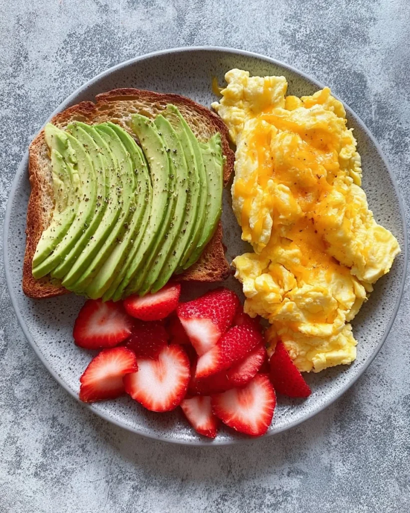 Scrambled eggs served with strawberries and avocado toast on a plate